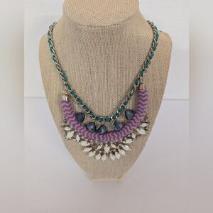 Statement Necklace with Pink, Cream Green And Blue Crystals.